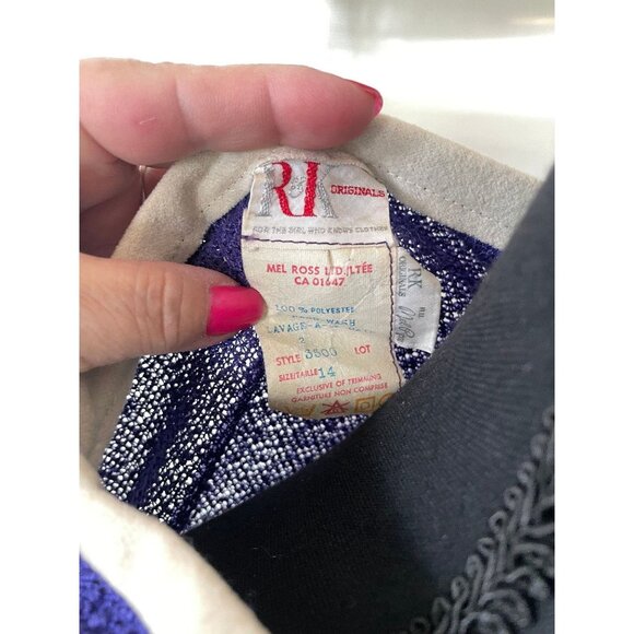 Vintage late 60s dress, purple, white trim, long sleeves, A-Line, elastic waist - Picture 7 of 7